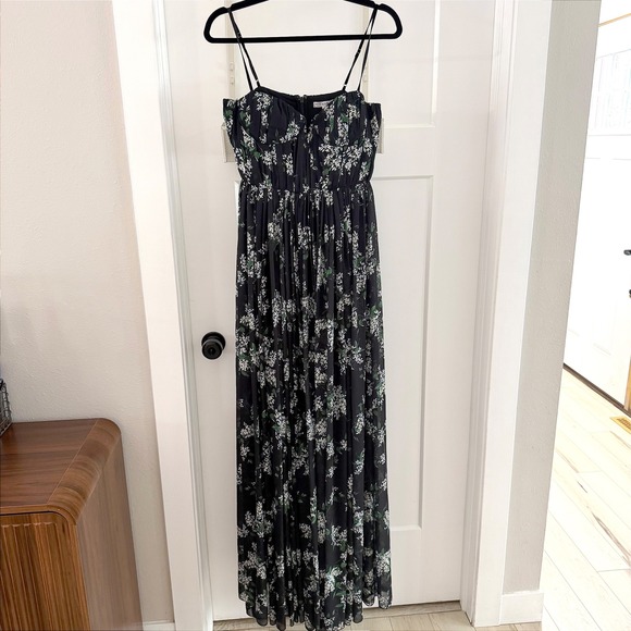 sau lee Dresses & Skirts - Sau Lee Georgina Ditsy Floral Gown Black Chiffon Pleated Bustier Maxi Dress Sz 4